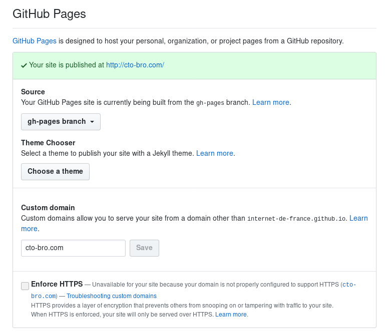 Paramètres du projet Github, section "Pages Github"